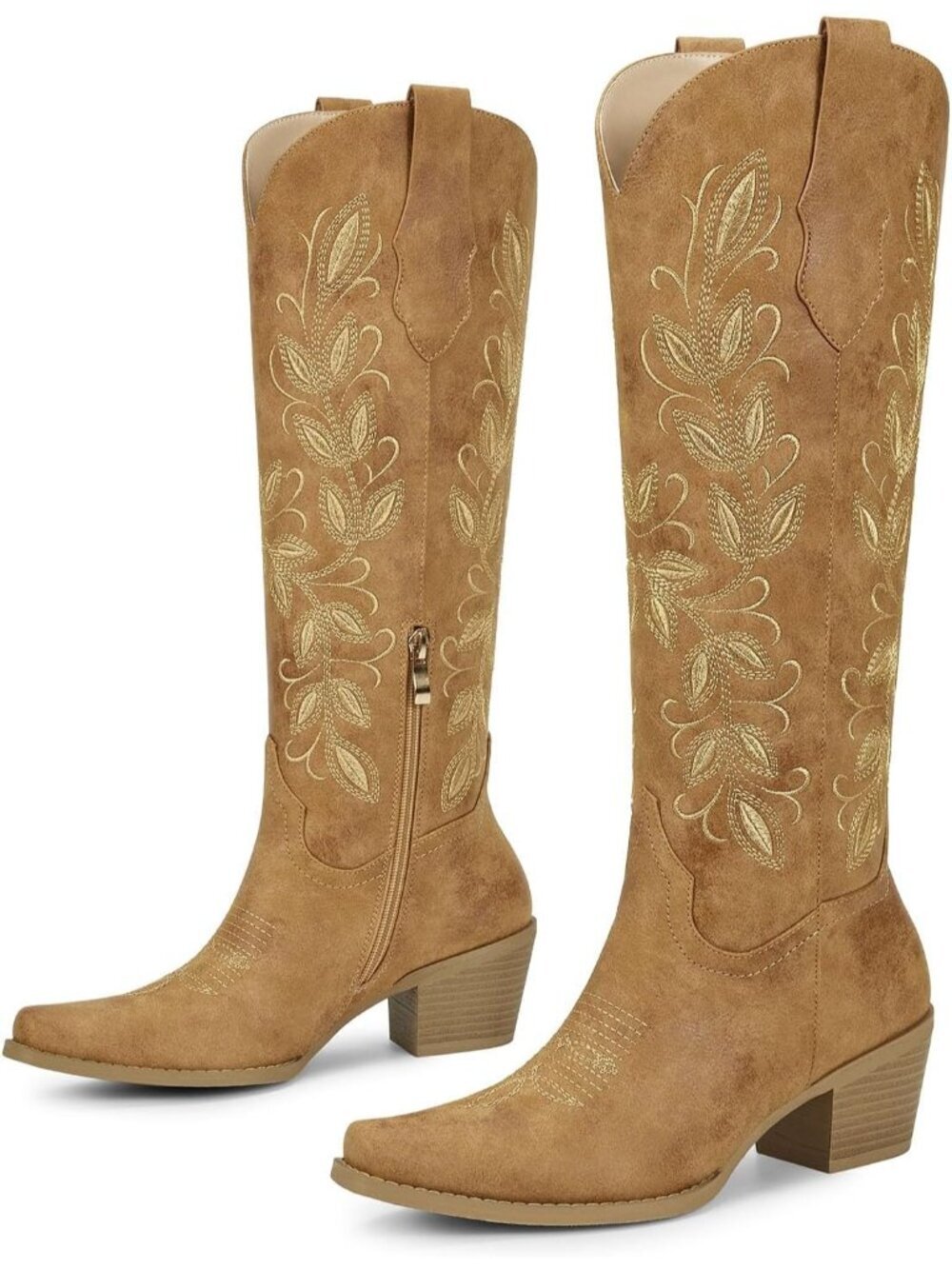 Women's Camel Cowgirl Boots with Floral Embroidered Pointed Toe Chunky Heel Boot